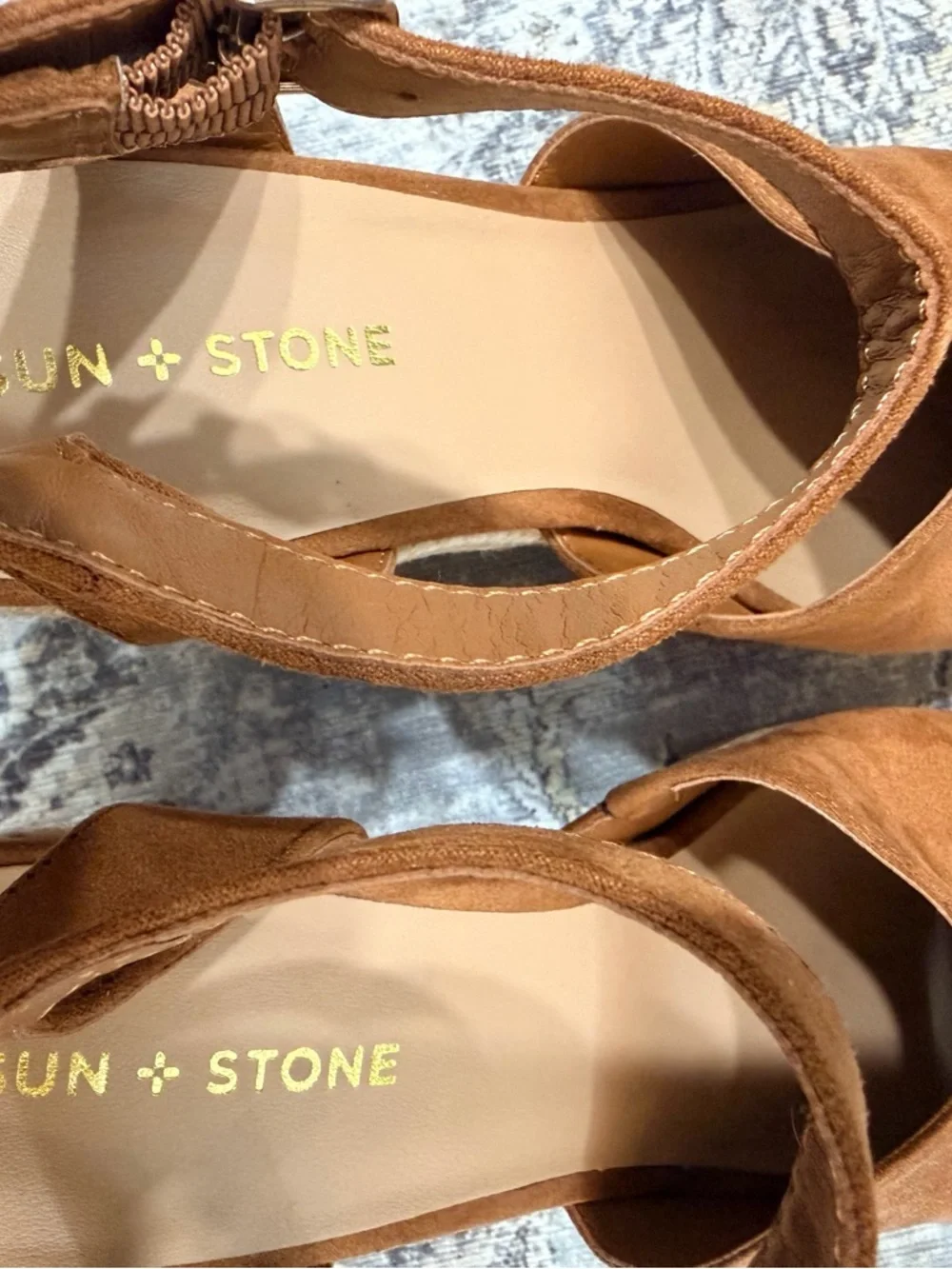 Sun + Stone Feyf Cognac Ankle-Strap Platform Wedge Sandals- Size 9